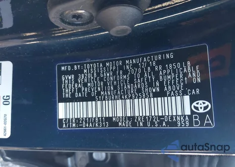 2019 Toyota Corolla from USA, damaged, VIN 5YFBURHE4KP925858